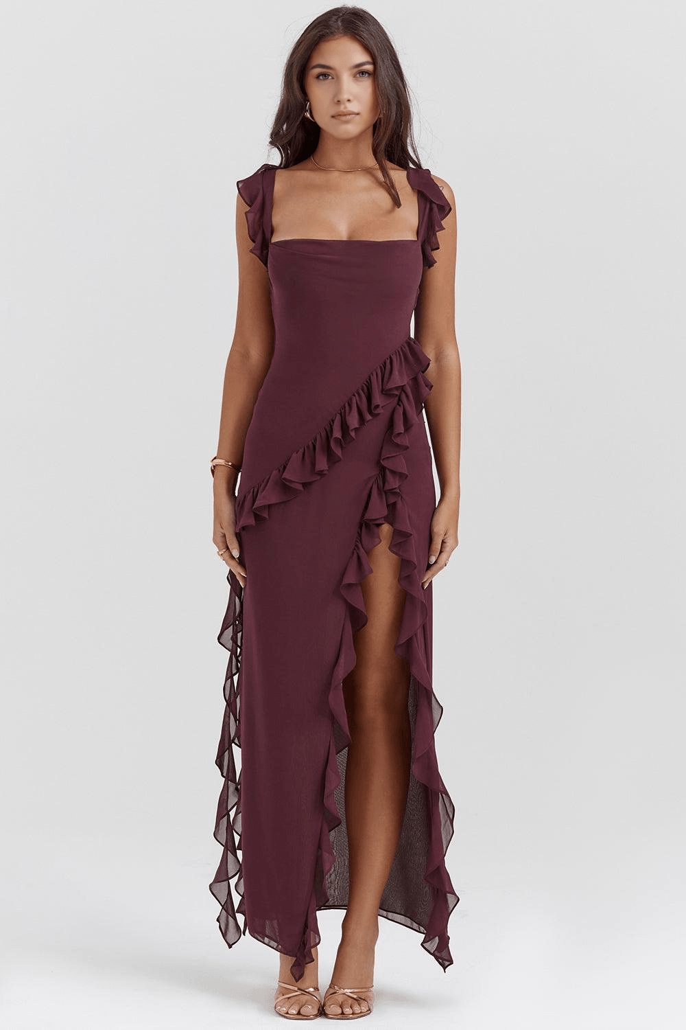 Bordeaux Maxikleid mit Rüschen