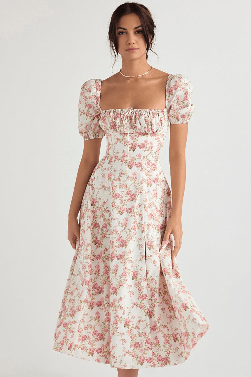 Blumen-Midikleid Puffärmel